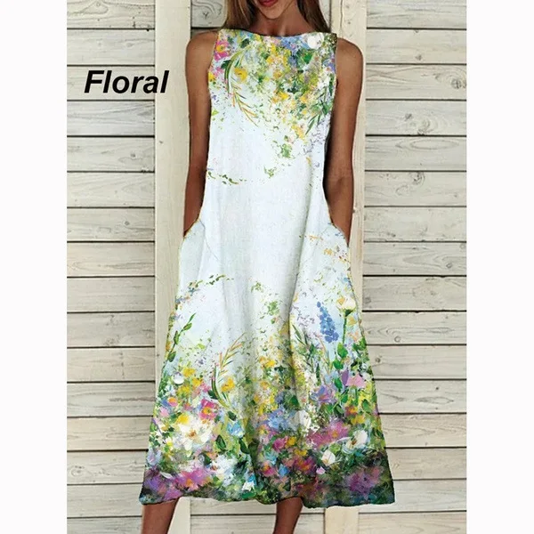 Exaggerated Printing Long Dress Lady O-Neck Pullover Vest Skirt 2023 Casual Summer Large Size Loose Comfortable Dresses