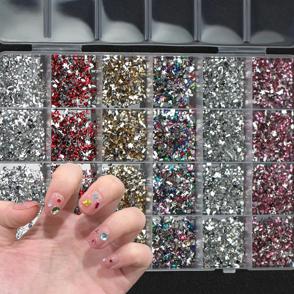 24グリッド 3Dレジンミニラインストーンネイルジェムストーン ラブ/ペンタグラム/フラワー/バタフライ/ミックスシェイプ フラットバックネイルチャーム マニキュアパーツ