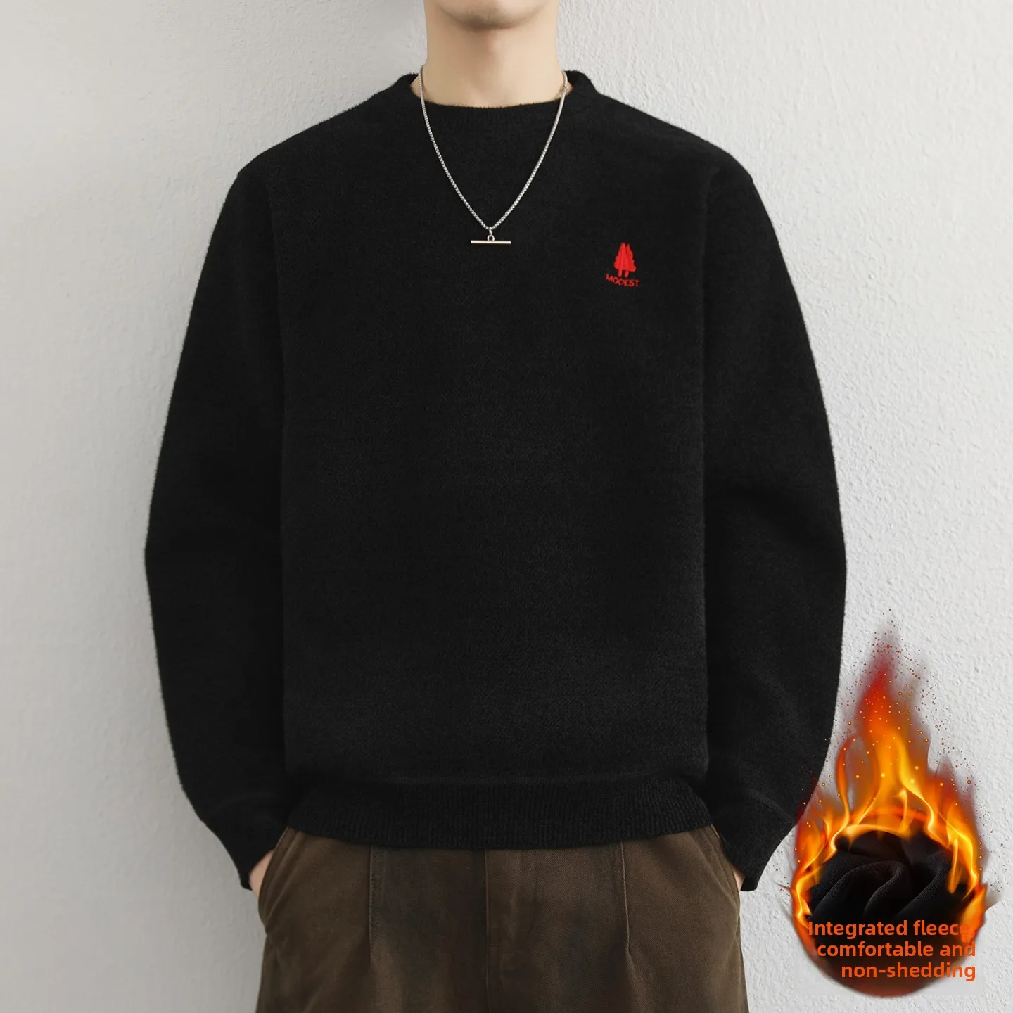 

Утепленный вязаный свитер с круглым вырезом и флисовой подкладкой, теплый базовый слой для осени и зимы, новинка для мужчин