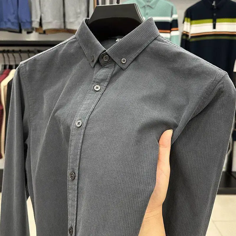 

High-End Corduroy irt Men's Loose Long Sve Work irt Spring Autumn Busin Casual Flip Collar Comfortable Polyester