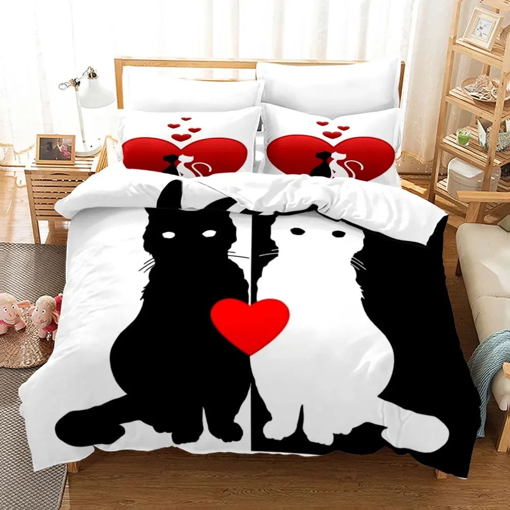 Cartoon Couple Cats Duvet Cover Valentine's Day Theme Decor Romantic Red Love Heart Quilt Cover Valentine's Day Gifts Women Men