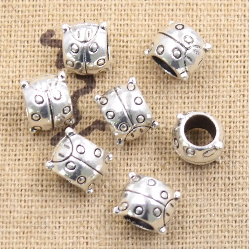 20pcs 10x9x7mm Ladybug Bug Beatles 5mm Big Hole Antique Silver Color Beads Charms Fits Diy Charms Bracelet Jewelry Beads