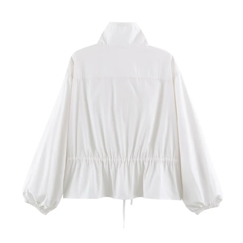 2026 Spring Autumn New Arrival Pure White Ladies' Jacket Zipper Closure With Elastic Drawstring Casual Outerwear For Women