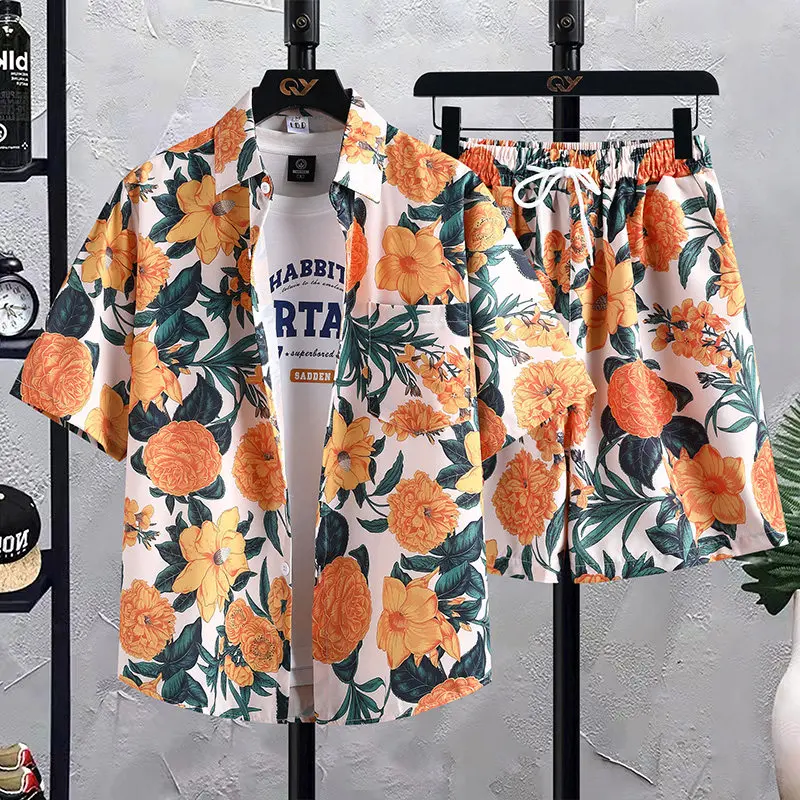 Summer Men's Colorful Plant Print Blue White Red Short Sleeve Shirt Ice Silk Quick Dry Loose Casual Shorts Two-Piece Set