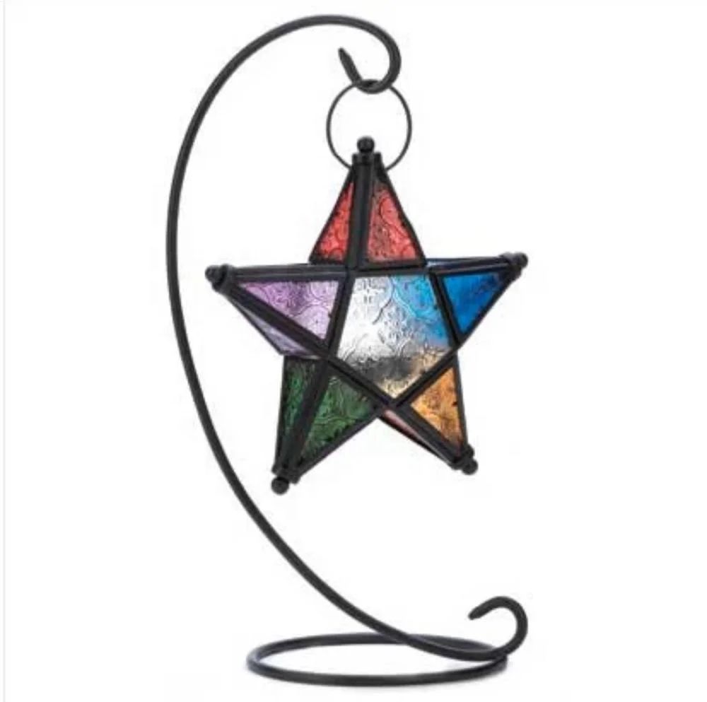 Hot Sale Moroccan Iron Stained Glass Pentagram Candle Holder Retro iron lantern for Home Hotel Bar Wedding Decorations