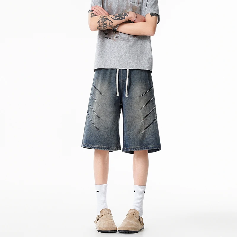 Men's Denim Shorts Casual Drawstring Elastic Waist Vintage Wash Wide Leg Jeans Shorts Streetwear Slash Detail Baggy Jorts