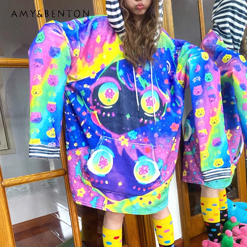 

Japanese Original Design Colorful Hooded Women's Sweatshirt Autumn Winter New Cartoon Animal Print Loose Long Plush Top Ladies