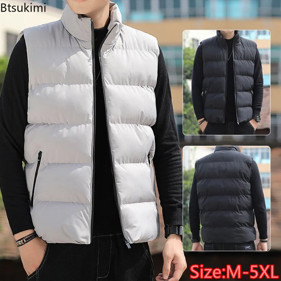 

2024Autumn Winter Men's Parkas Vest Korean Style Fashion Stand Collar Windproof Warm Vest Coats Solid Slim Zipper Waistcoat Male