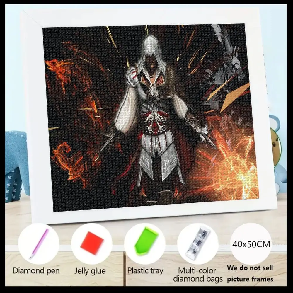 

40x50 см в рамке фэнтези с капюшоном воина алмазная живопись, 5D DIY полная дрель алмазная живопись с двойными лезвиями, бело-красная доспеха, огненный