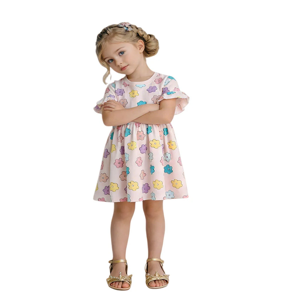 

Summer Girls Dresses 3-8T Flowers Printed Short Sleeve Party Birthday Frocks Children's Costume Baby Dresses