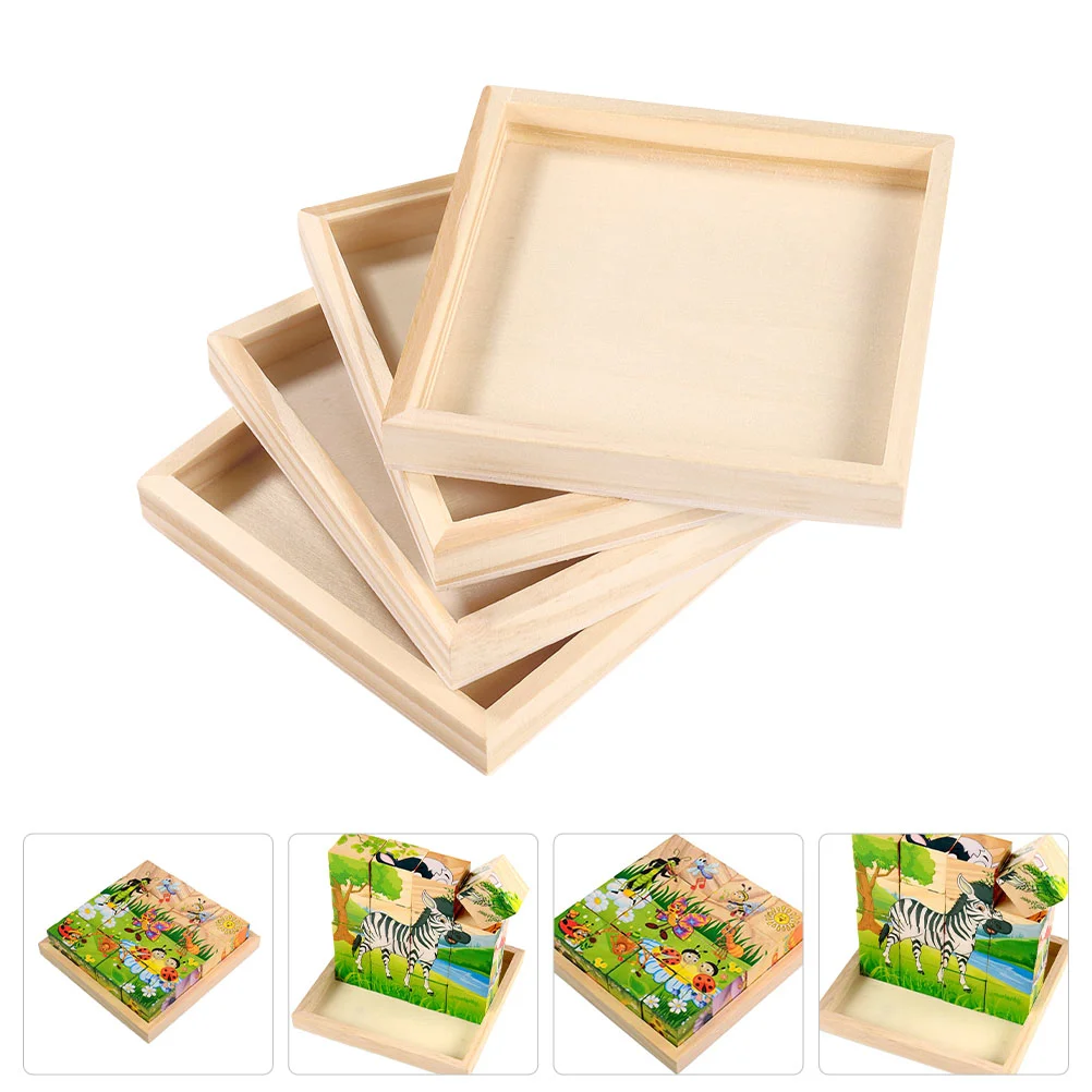 4 Pcs Jigsaw Puzzle Toy Wooden Organizer Blocks Tray Square Storage Trays Unfinished Serving for Home Sorting 3d Child