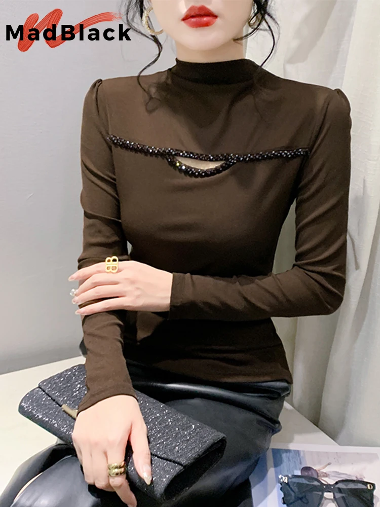 

MadBlack European Clothes T-Shirt Half Turtleneck Beaded Hollow Out Female Slim Mesh Tops Long Sleeve Tee Autumn Winter T3D244JD
