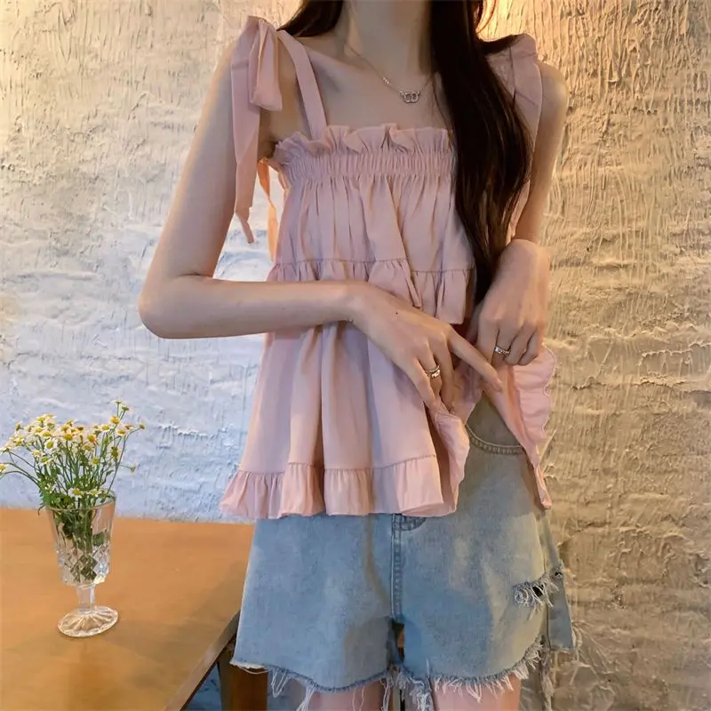 Ruffles Shirts and Blouses Korea Style Solid Fashion Woman Blouse 2024 Spaghetti Strap Top Women Summer Slash Neck Clothes New