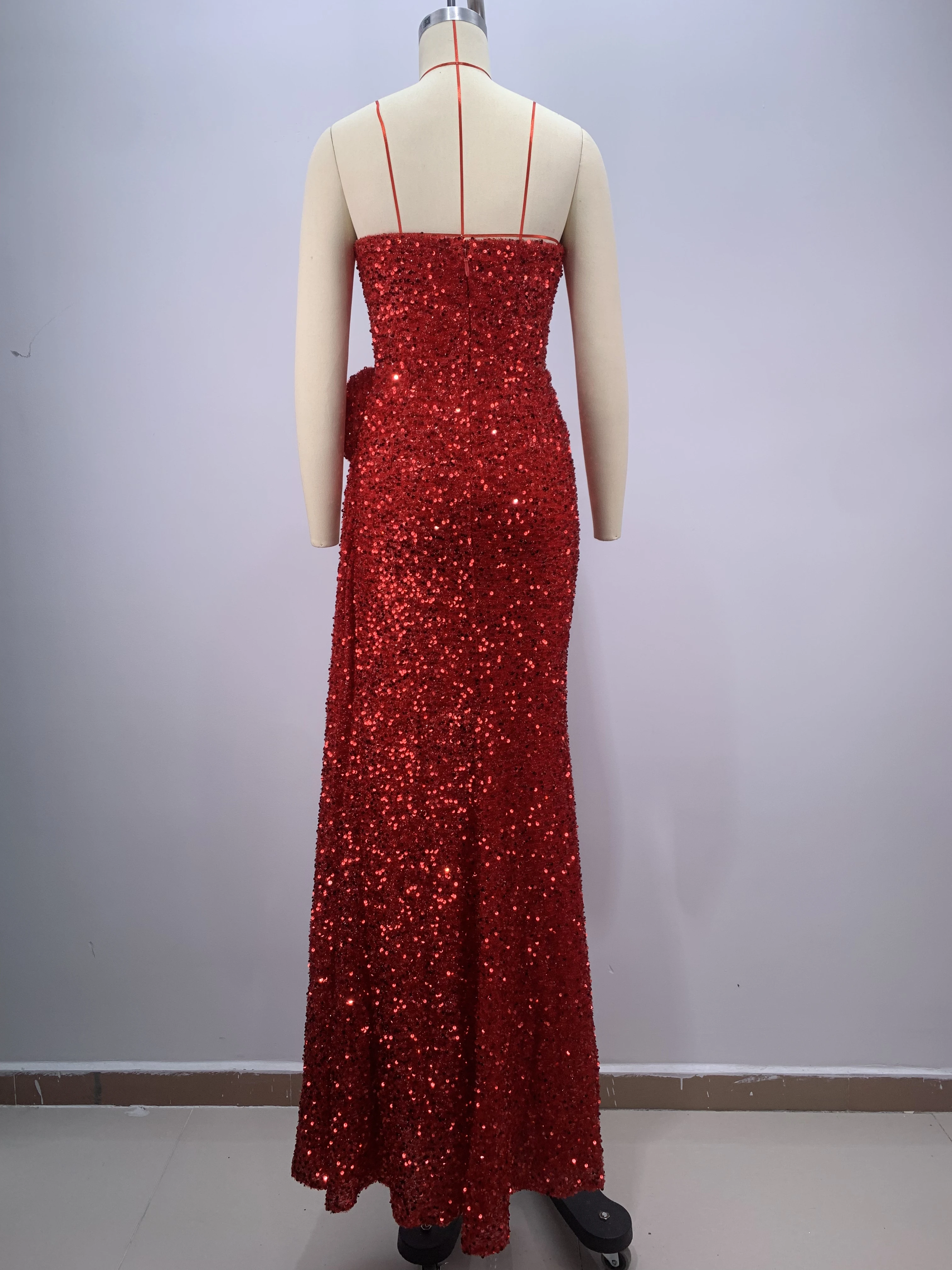 2024 New Arrival Red Color Women Sexy Strapless Shinning Sequins Floor-lenght Dress Wedding Party Celebrate Prom Dress Vestido