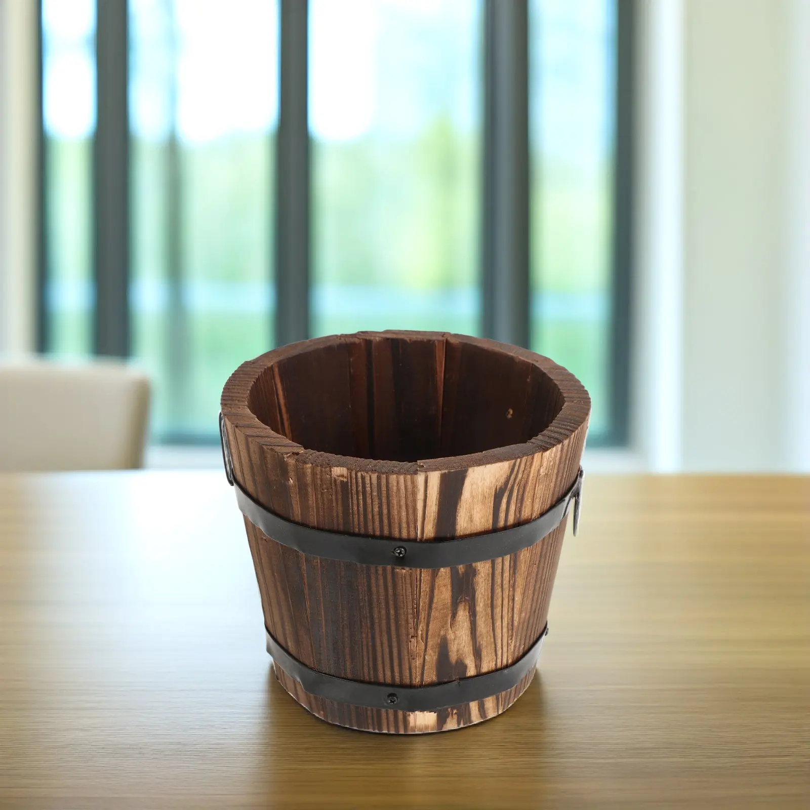 Rustic Wooden Bucket Planter Round Barrel Shape Permeable Bottom Flower Tub Pot for Home Decoration Hotel Bar Garden 12x9x10cm