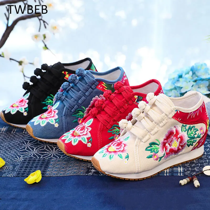 Fashion Single Shoes/plush Women Casual Canvas Embroidered Sneakers Mid Top Lace Up Ladies Comfort Denim Cotton Travel Shoes