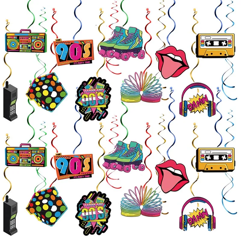 32pcs 90s Party Decorations Retro 1990s Hip Hop Party Hanging Swirls Ceiling Decor for Adults Back to The 80s Party