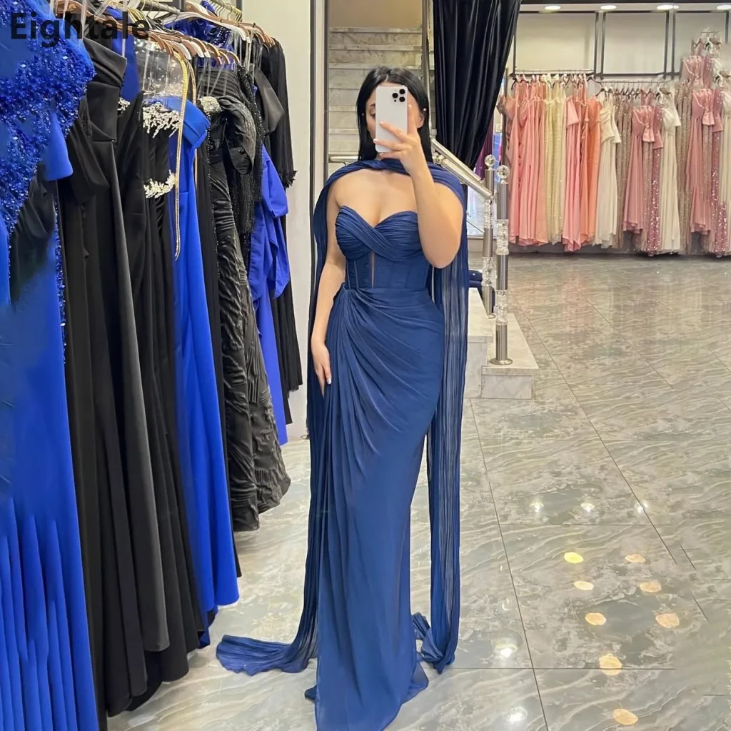 

Eightale 2025 Navy Blue Silk Chiffon Maxi Evening Dress With Wrap Wedding Party Formal Prom Dress Dubai Party Gown Customized