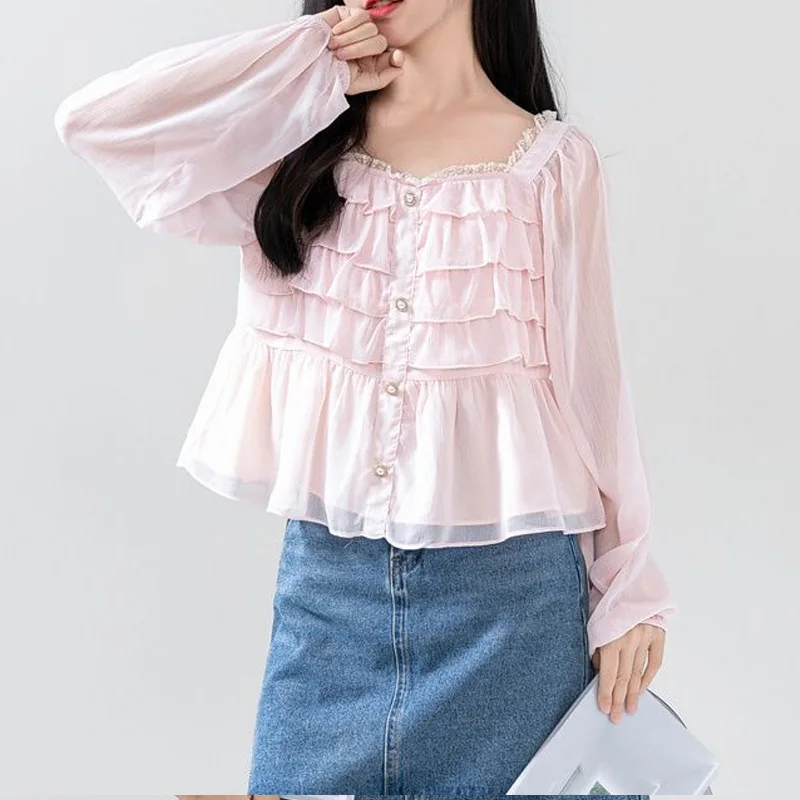 Sweet Solid Square Collar Pullovers Blouses Spring Autumn Fashion Patchwork Tops Ladies All-match Long Sleeve Women\'s Clothing