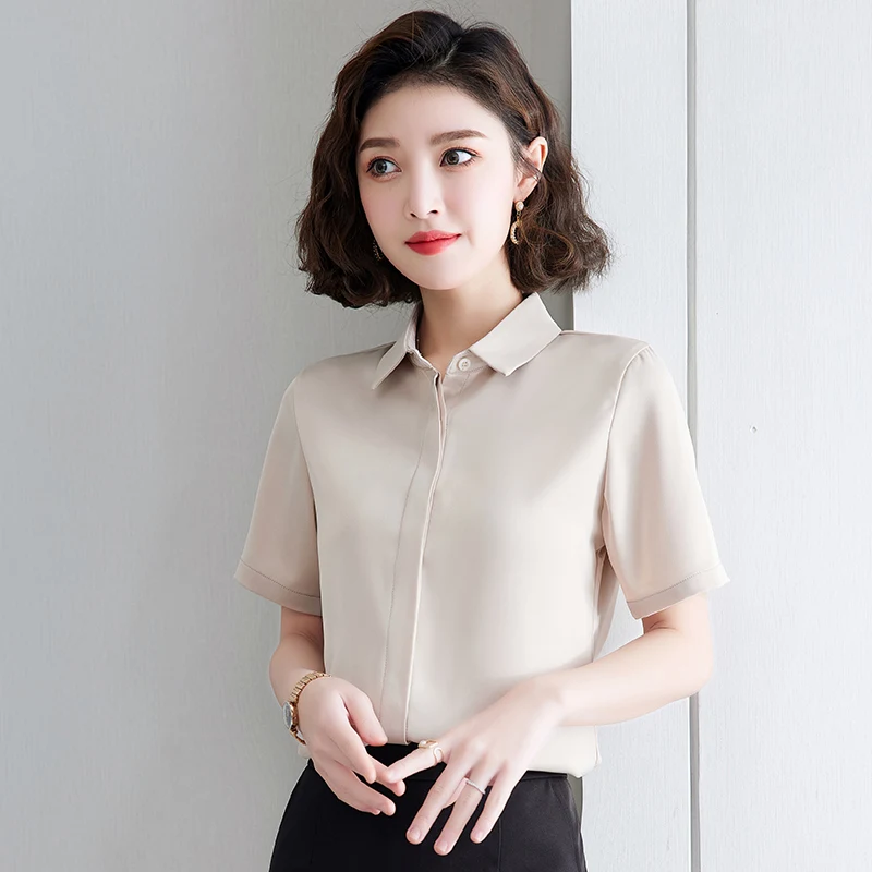 New Lapel Fashion Versatile Satin Professional Pure Color Short Sleeved Shirt For Women\'S Summer Thin Chiffon Temperament Top