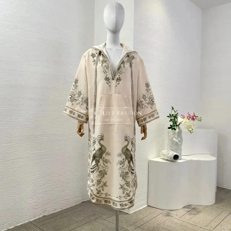 Robes d'été pour femmes, Vintage, Beige, manches longues, capuche, imprimé Floral paon, robe mi-longue ample, 2025