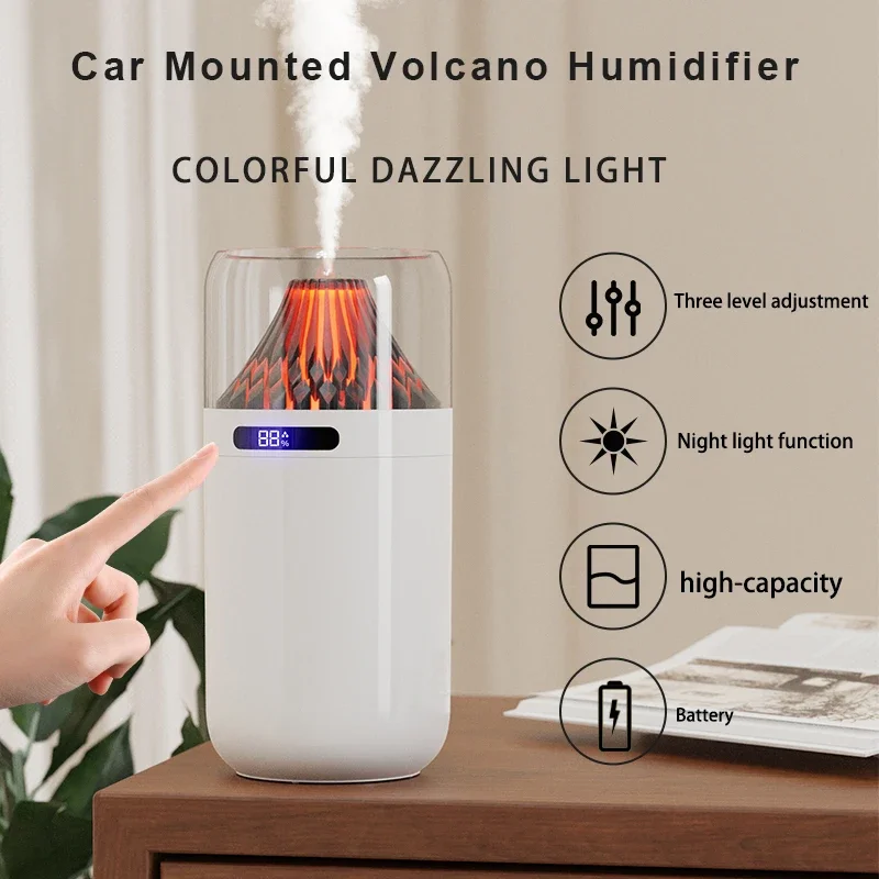 Volcano spray delicate car home humidifier atmospheric color glow in the dark USB charging water replenishing digital display