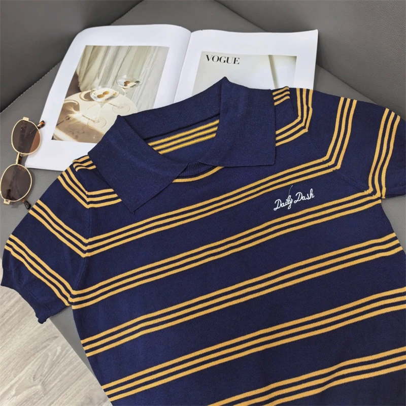 2025 verão listrado camisola camisetas femininas letras bordadas manga curta malhas camisetas elegantes moda senhoras jumpers