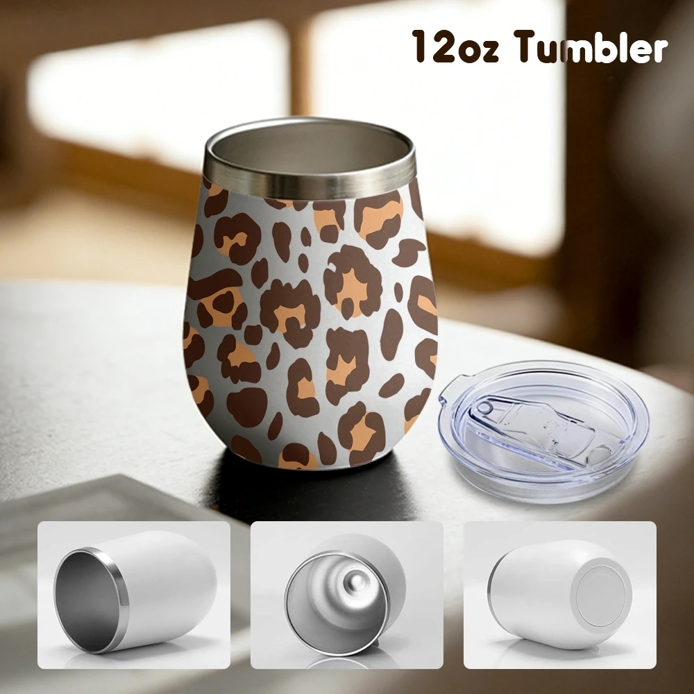 Cream Leopard Pattern Vacuum Flasks 12oz Insulated Wine Tumbler Vacuum Coffee Mug Egg Shape Thermos Cup