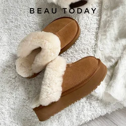 BEAUTODAY Winter Slippers Women Cow Suede Mules Leather Thick Sole Ladies Winter Outdoors Casual Furry Shoes Handmade37085