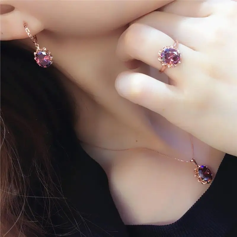 585 purple gold plated 14K rose gold inlaid gemstone earrings for women ring necklace sunflower luxury exquisite jewelry sets