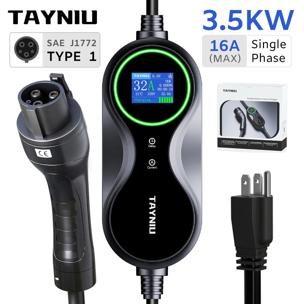 Портативное зарядное устройство для электромобилей TAINIU, управление через приложение 3,5 кВт, тип 1 J1772, вилка стандарта США, зарядное устройство для электромобилей NEMA 5-15 3,5 м для Chevrolet, Tesla EVS