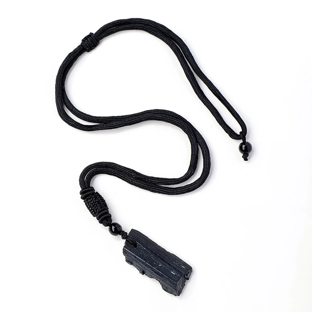 Natural Raw Black Tourmaline Crystal Necklace, Adjustable Braided Rope Healing Stone Pendant Fashion Jewelry for Women Men