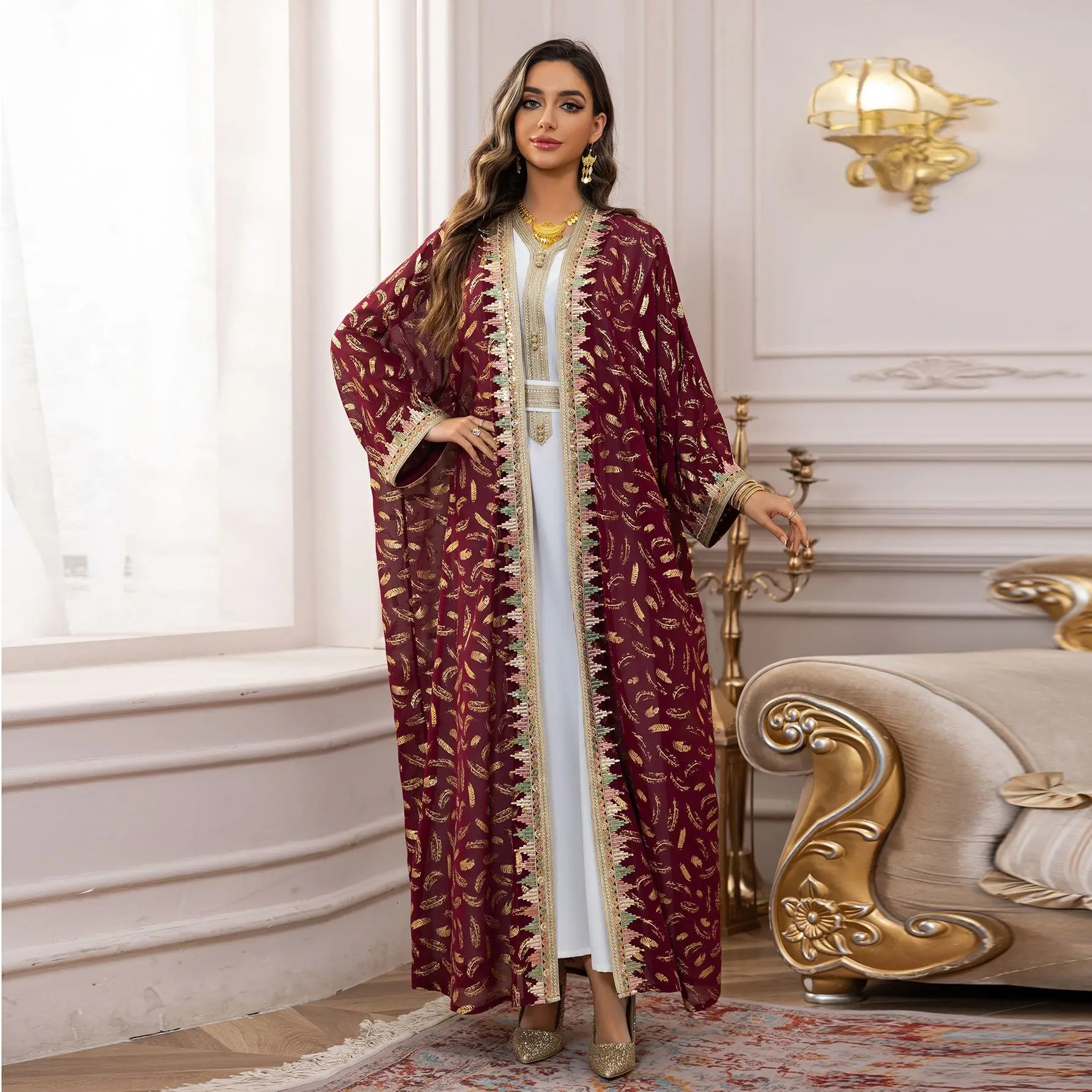 

Ab454 Fashionable Women's Plus Size Cardigan Long Skirt Three-piece Set Chiffon With Gold Foil Print Dubai Luxury Islam Elegant