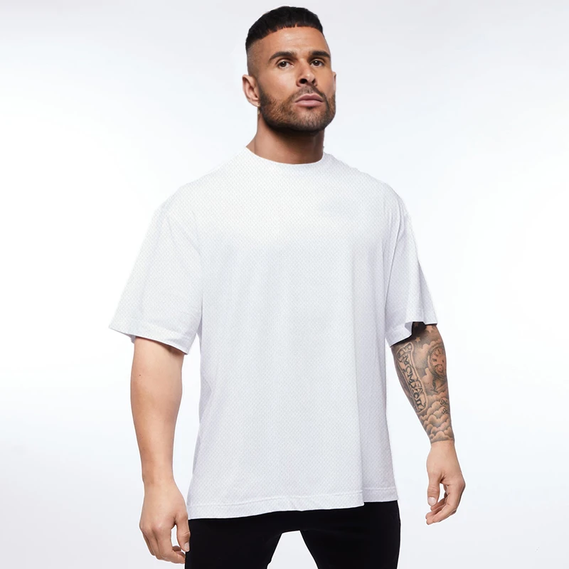 Oversized T shirt Men Drop Shoulder Gym Clothing Bodybuilding Fitness Loose Hip-Hop T-shirt Quick Dry Mesh Sports Tshirt