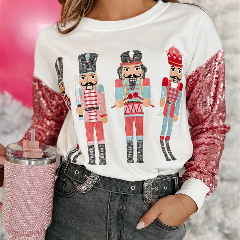 Women Christmas Sequin Sleeve Top Sweatshirt Ladies 2024 New Year Nutcracker Crew Neck Sweatshirt For Women