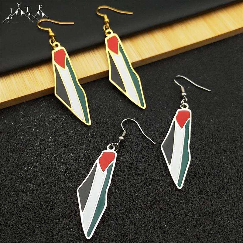 

Arabic Enamel Palestine Map Hoop Earrings for Women Men Gold Color Stainless Steel Country Flag Geography Jewelry Gift