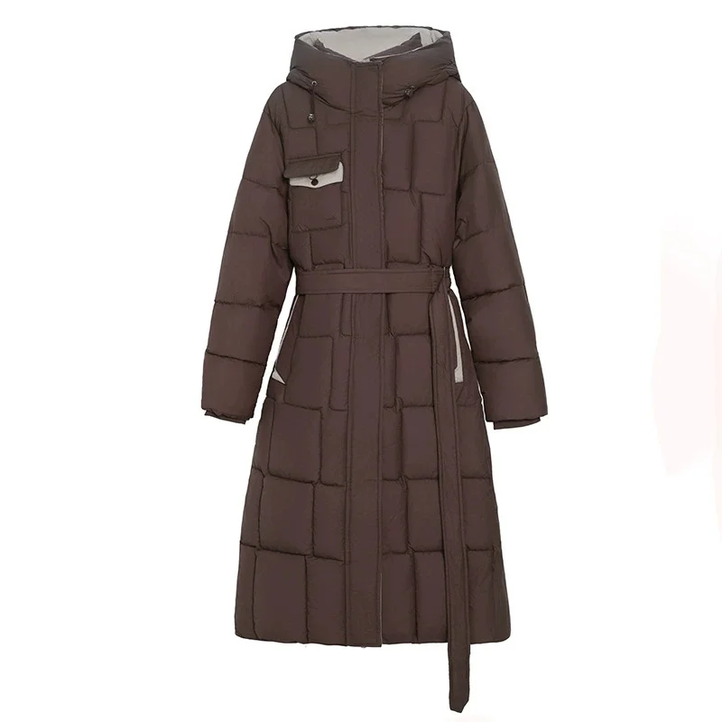 Damska kurtka zimowa z bardzo długim rękawem, ocieplana bawełną, parka z paskiem, dopasowana, gruba, z kontrastowym kolorem, z kapturem, codzienna odzież wierzchnia, moda 2025.