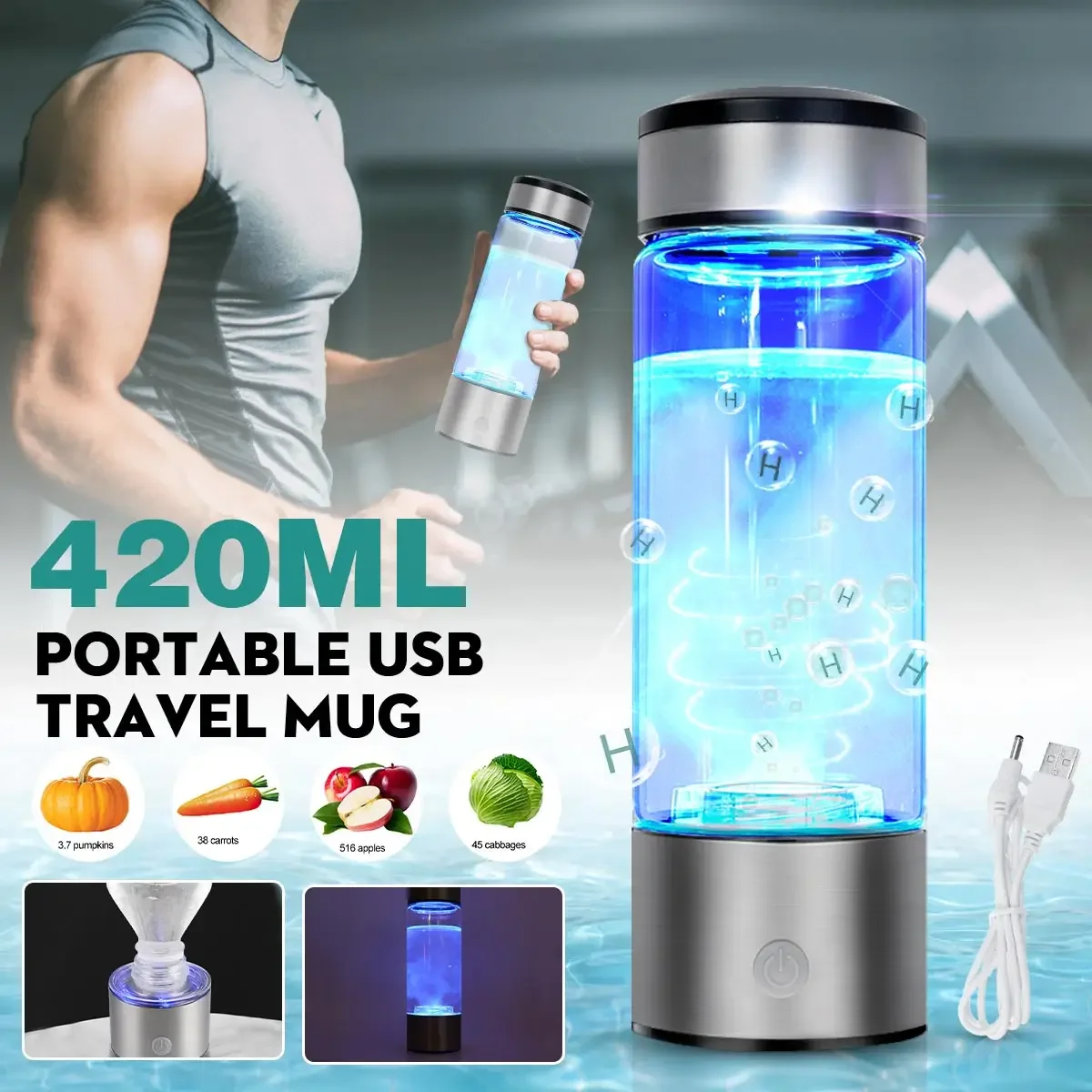 3mins Rechargeable Water Ionizer Bottle, 420ML Negative Ion Cup with Hydrogens-rich Water, Alkaline Generator for Health