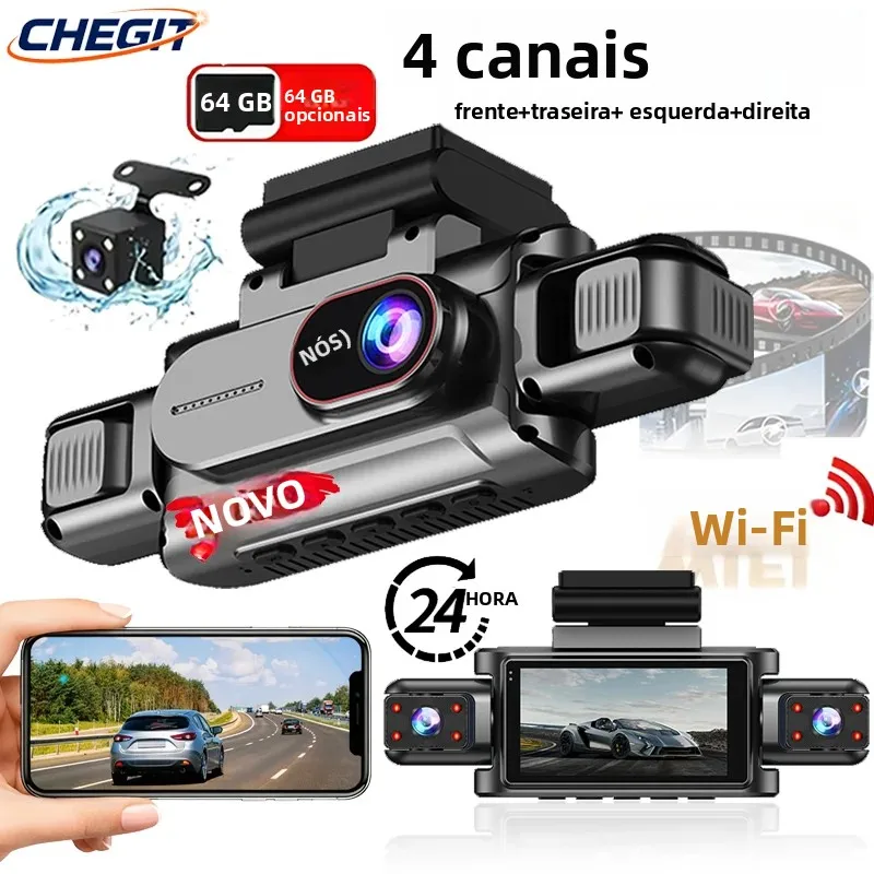 Câmera de painel WiFi 1080P 360 °   Câmera de gravação de carro com lente 3/4 Auto Car DVR Câmera de visão traseira dianteira esquerda direita para segurança do veículo