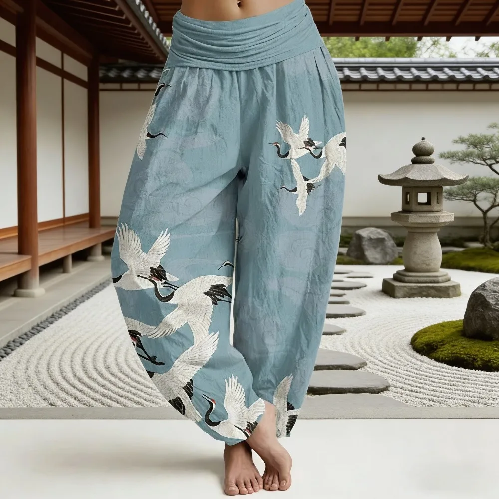 Vintage Japanese Harajuku Crane Print Harem Pants Light Blue Cozy Chill Thai Style Wide Leg Elastic Waist Casual Beach Pants