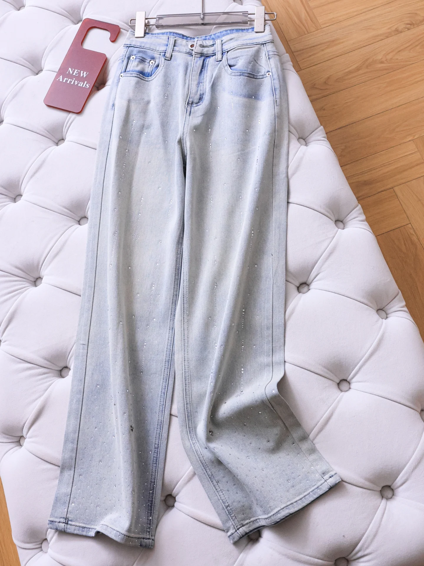 

High Waist Wide Leg Jeans Straight Cut Slim Fit Women's Denim Pants Sparkling Rhinestones Spring 2026 New Style Casual Cotton...