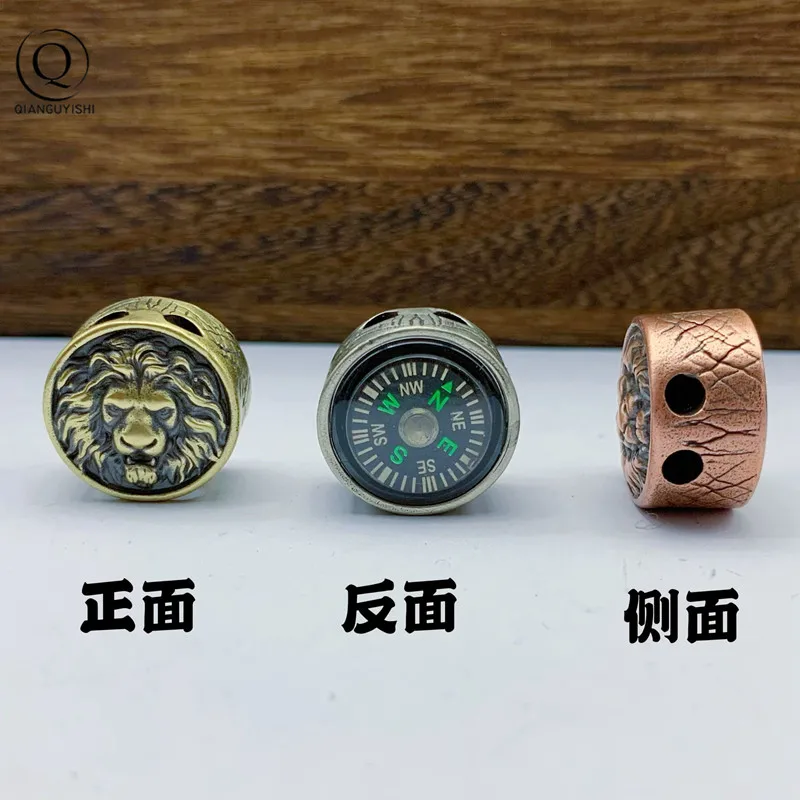 Brass Lion King compass  Knife Pendant Beads Creative Copper Car Keychains Umbrella Rope Bead EDC Outdoor DIY Paracord Pendant