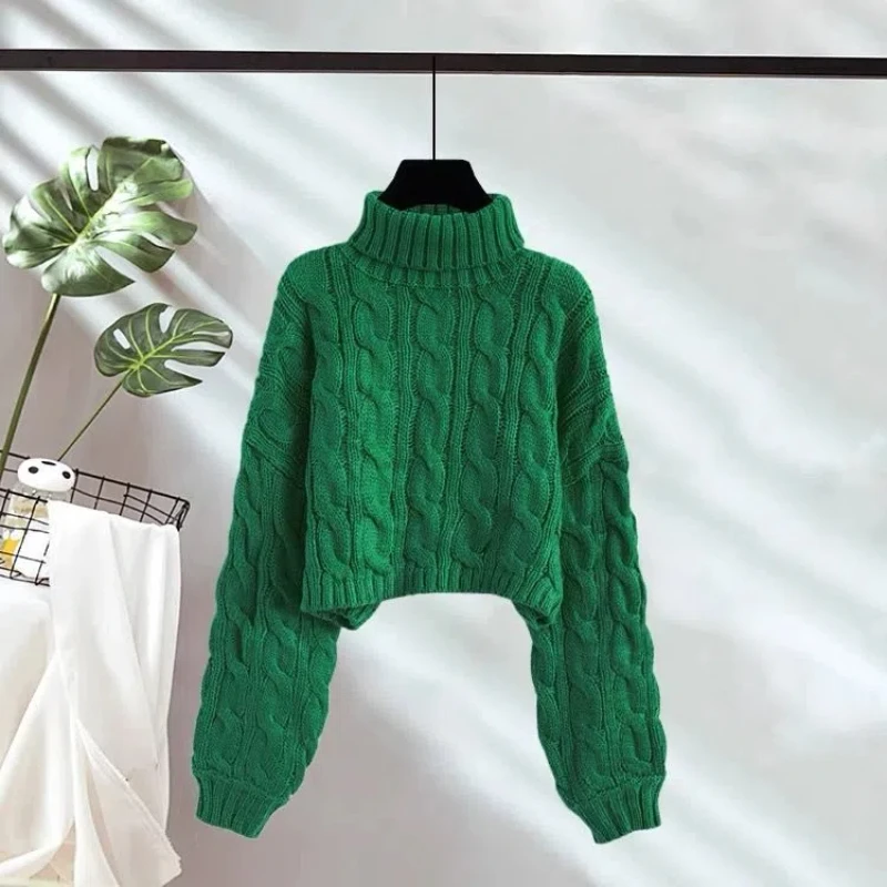 

High-neck Pullover Short Twist Sweater for Women in Autumn and Winter New Lazy Style Loose Thickened Knitted Outside Wear XQ293
