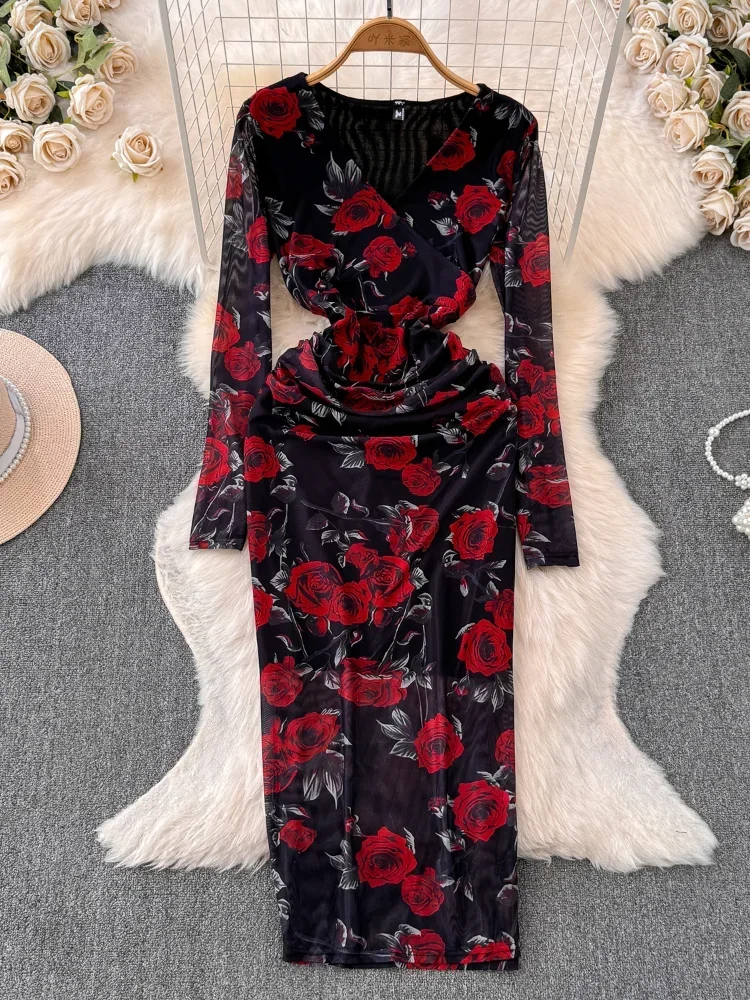 2024 New Summer Women Print Maxi Slim Long Dress V Neck Full Sleeve Bodycon Trendy Vintage  Attirewear Mesh Dress