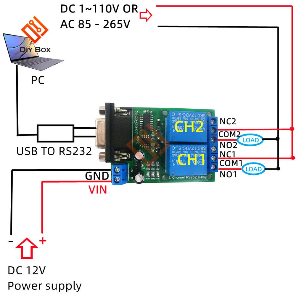 2 Channel 2ch RS232 Relay Board Module For PC PLC Motor LED PTZ DC 12V 24V DB9 UART Relay Module Serial Port Switch Board