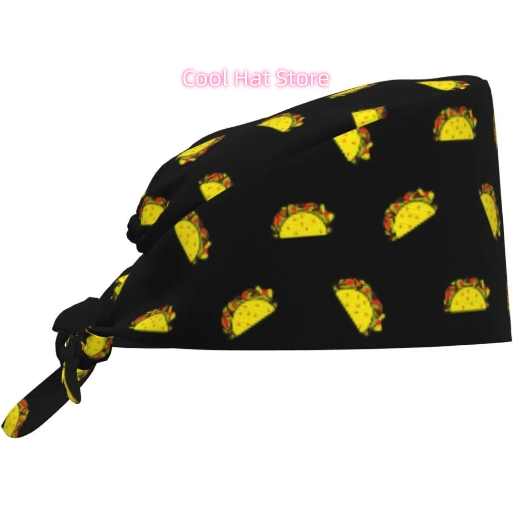 1pc Adjustable Scrub Cap with Sweatband - Lightweight 100% Polyester, with Yellow Taco Print & Mexican Motifs, Elastic Band & Ad