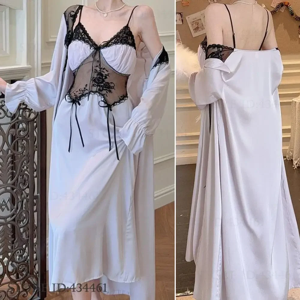 

Elegant Palace Style Long Robe Nightgown Set Women Sleepwear Kimono Bathrobe Gown Sexy Perspective Lace Lingerie Loose Home Wear