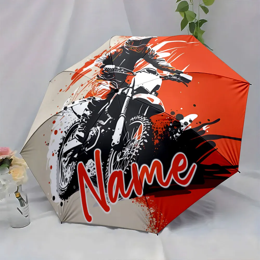Custom Name Motorcycle Artwork on Stylish Umbrella Print 8 Iron Ribs Folding Umbrella, Auto-Open Fashion Sunshade