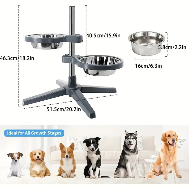 Adjustable Height Raised Pet Feeder with 2 Stainless Steel Bowls Lock System Durable Plastic Stand Suitable for all sizes of dog