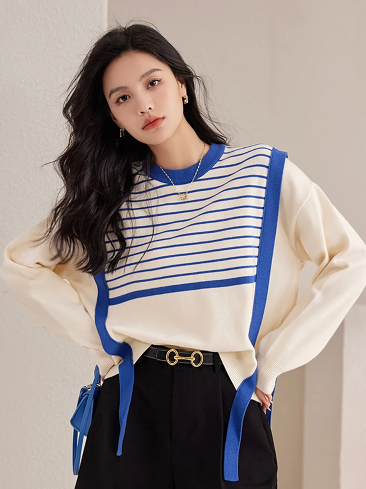 Women Striped Fake Two-piece Knitted Sweaters Autumn Design Sense Niche Korean Soft Glutinous Pullover Sweater